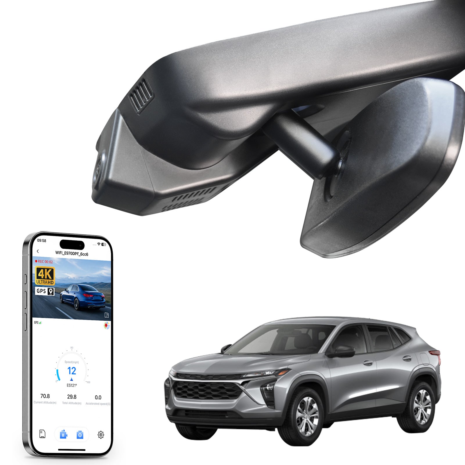 Car rearview mirror dash cam with smartphone app control, 4K Ultra HD recording, GPS tracking, and Chevy Trax SUV models in the background.