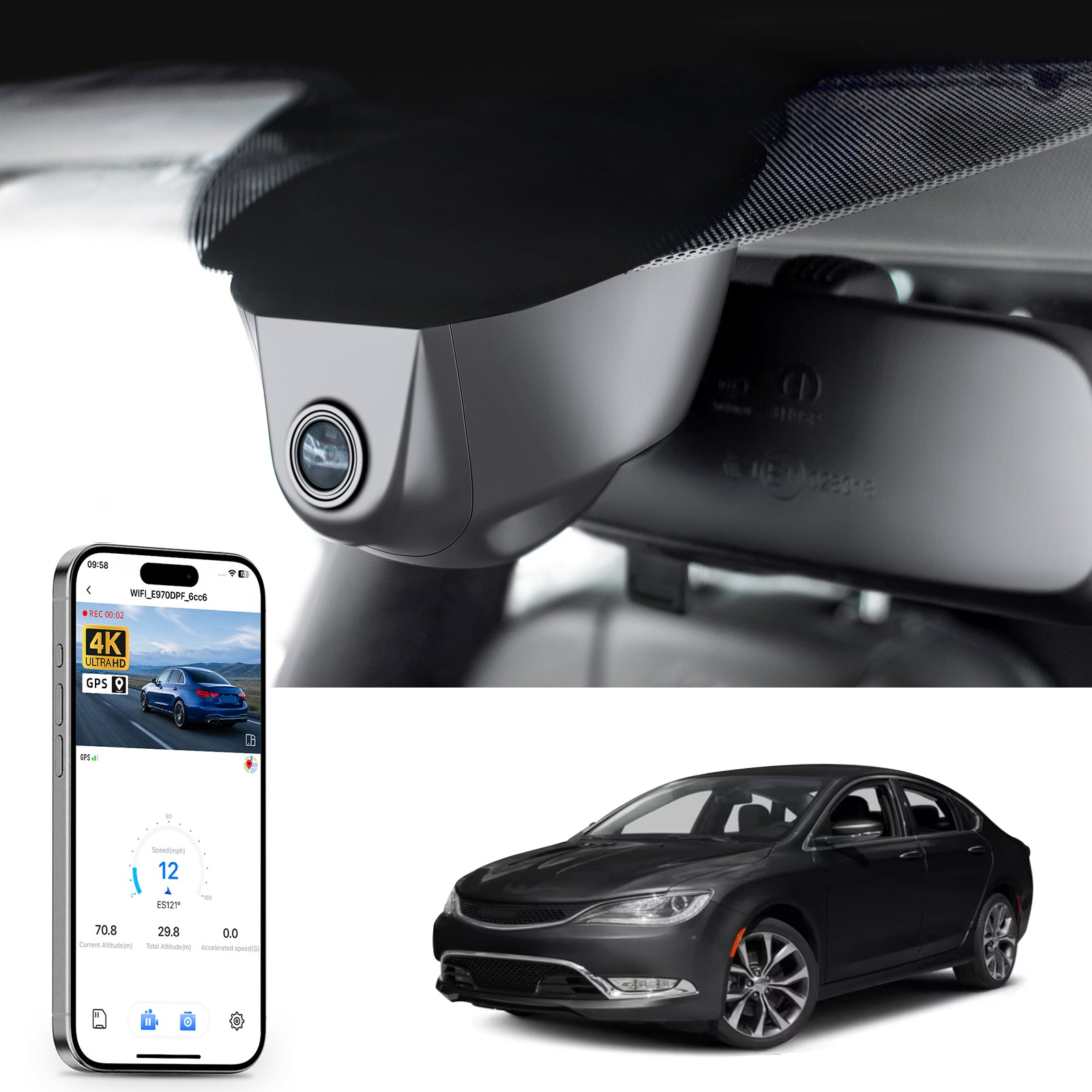 Car rearview mirror built-in dash cam with smartphone app control, 4K Ultra HD recording, GPS tracking, and Chrysler 200 car models in the background.
