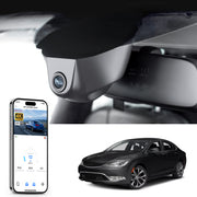 Car rearview mirror built-in dash cam with smartphone app control, 4K Ultra HD recording, GPS tracking, and Chrysler 200 car models in the background.