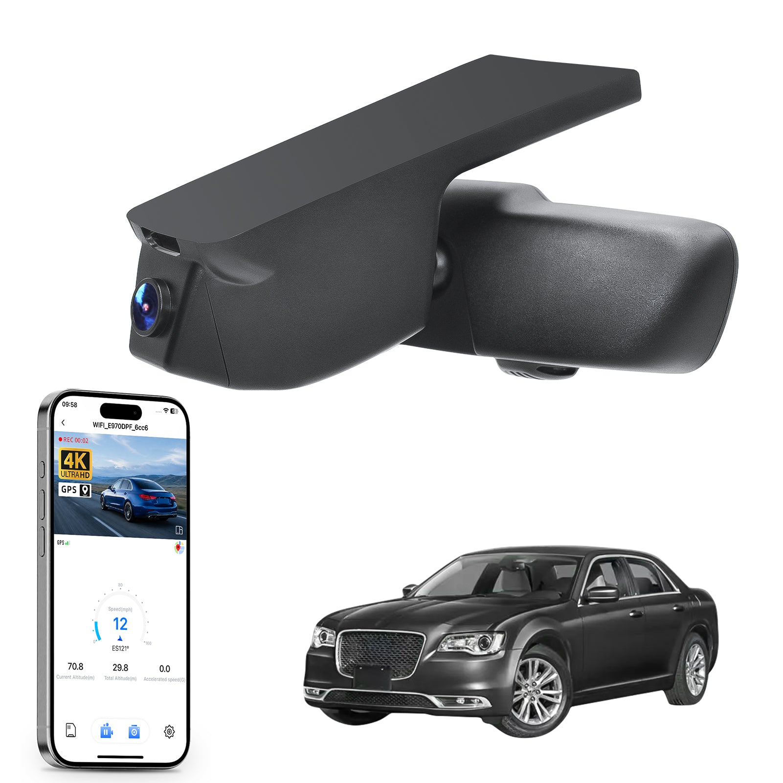 Car rearview mirror built-in dash cam with smartphone app control, 4K Ultra HD recording, GPS tracking, and Chrysler 300 car models in the background.