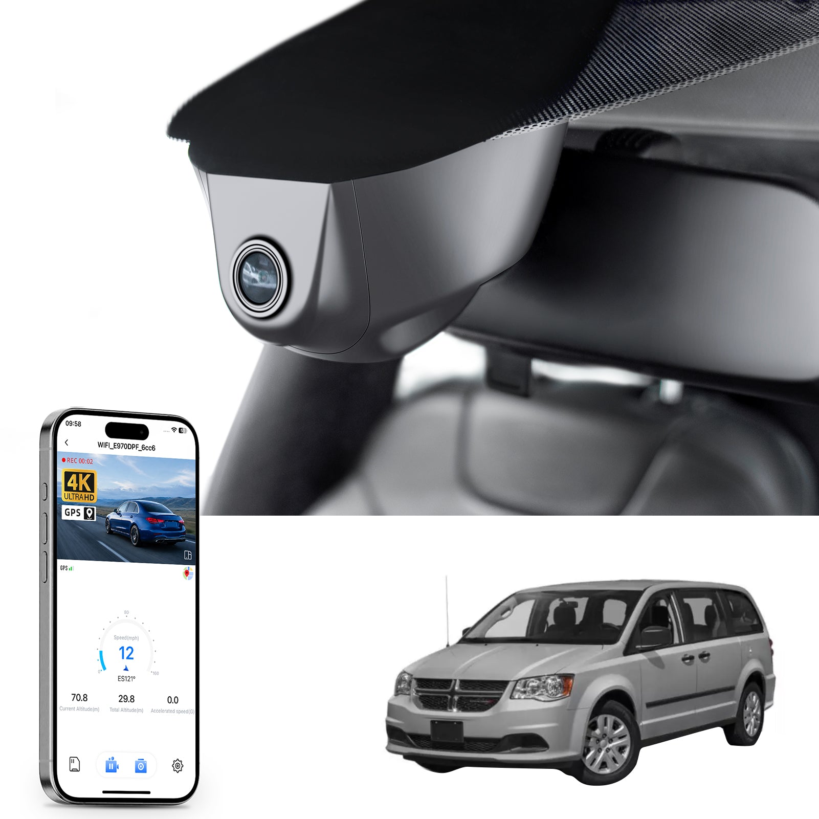 Car rearview mirror built-in dash cam with smartphone app control, 4K Ultra HD recording, GPS tracking, and Dodge Caravan van models in the background.