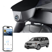Car rearview mirror built-in dash cam with smartphone app control, 4K Ultra HD recording, GPS tracking, and Dodge Caravan van models in the background.