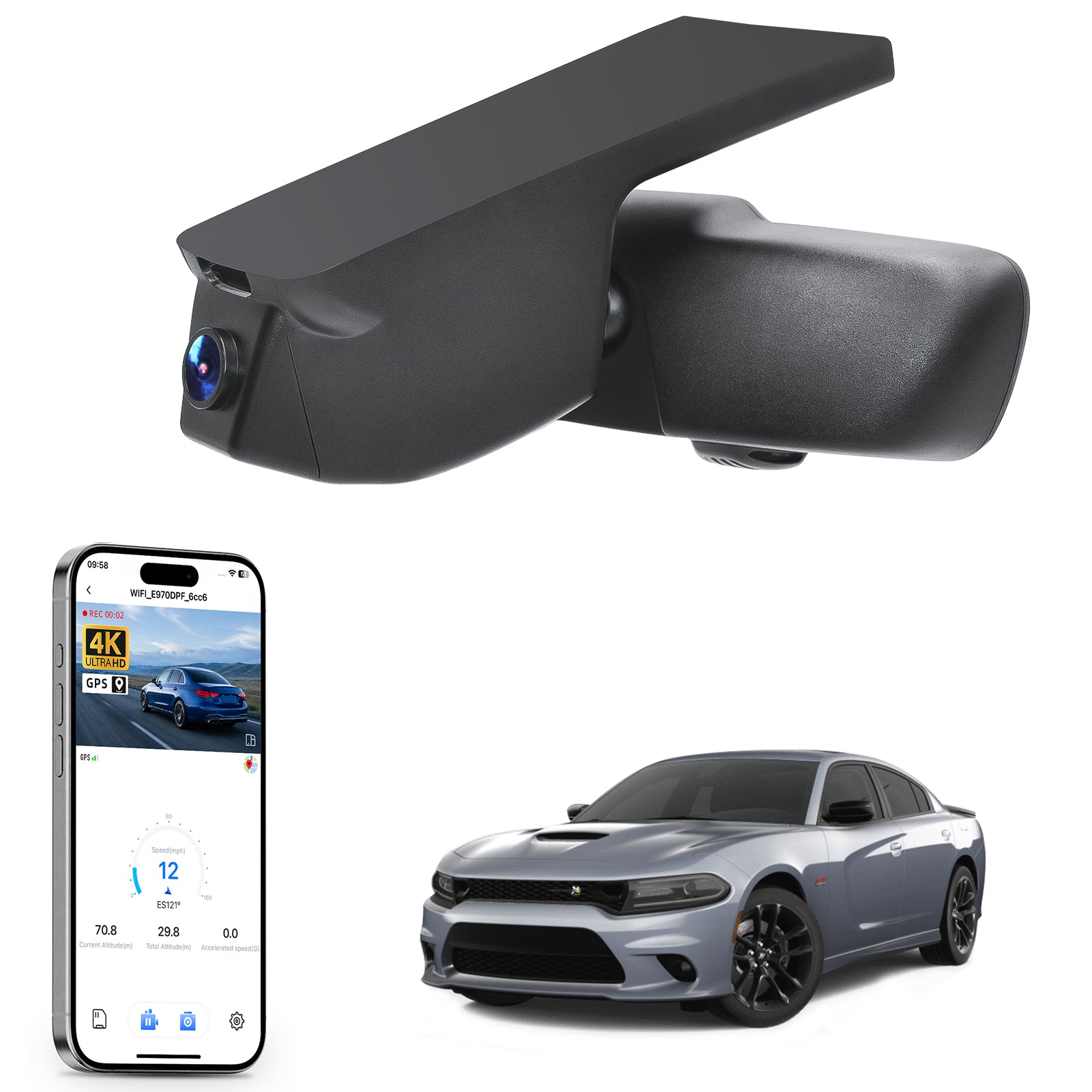Car rearview mirror dash cam with smartphone app control, 4K Ultra HD recording, GPS tracking, and Dodge Charger SUV models in the background.