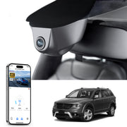 Car rearview mirror dash cam with smartphone app control, 4K Ultra HD recording, GPS tracking, and Dodge Journey SUV models in the background.