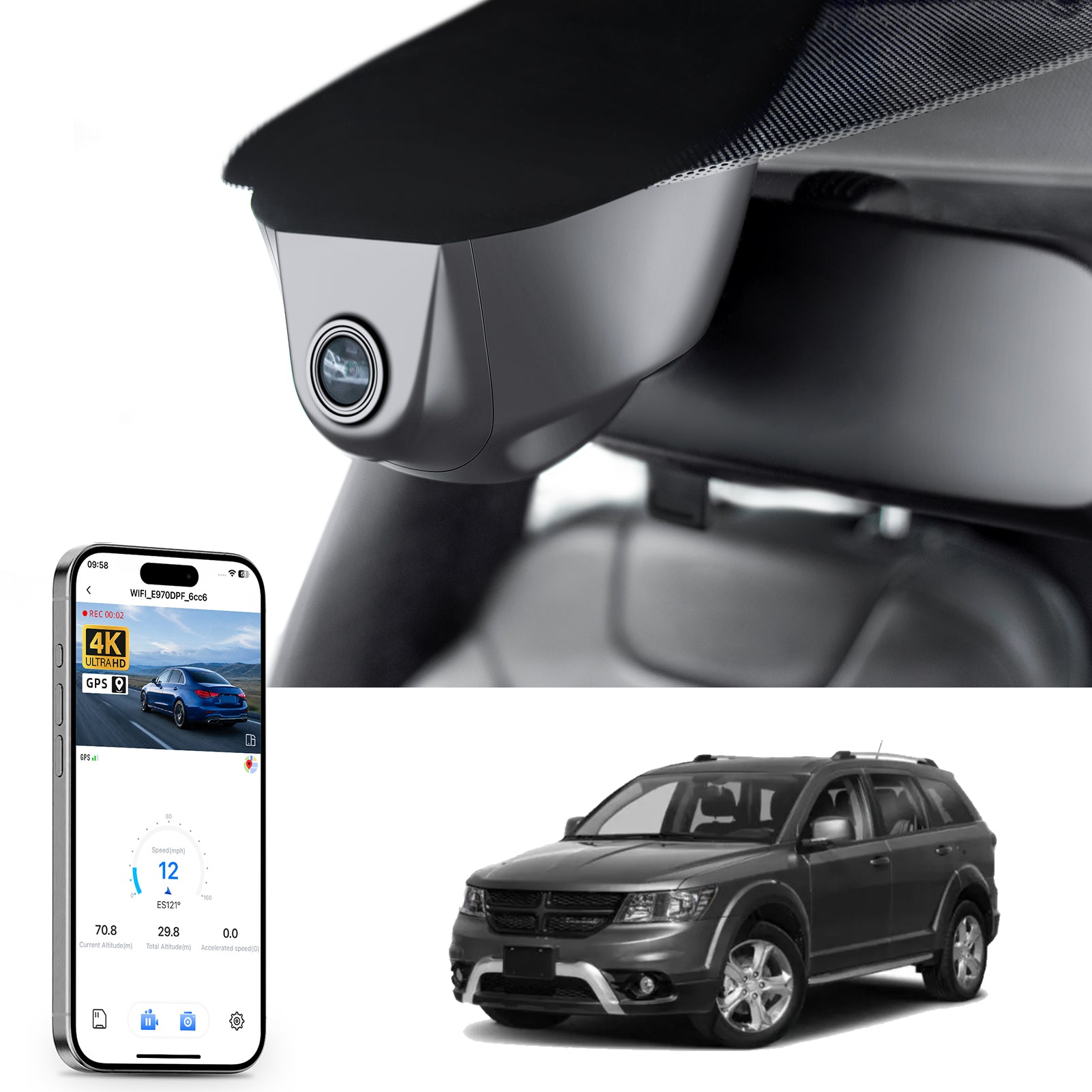 Car rearview mirror dash cam with smartphone app control, 4K Ultra HD recording, GPS tracking, and Dodge Journey SUV models in the background.