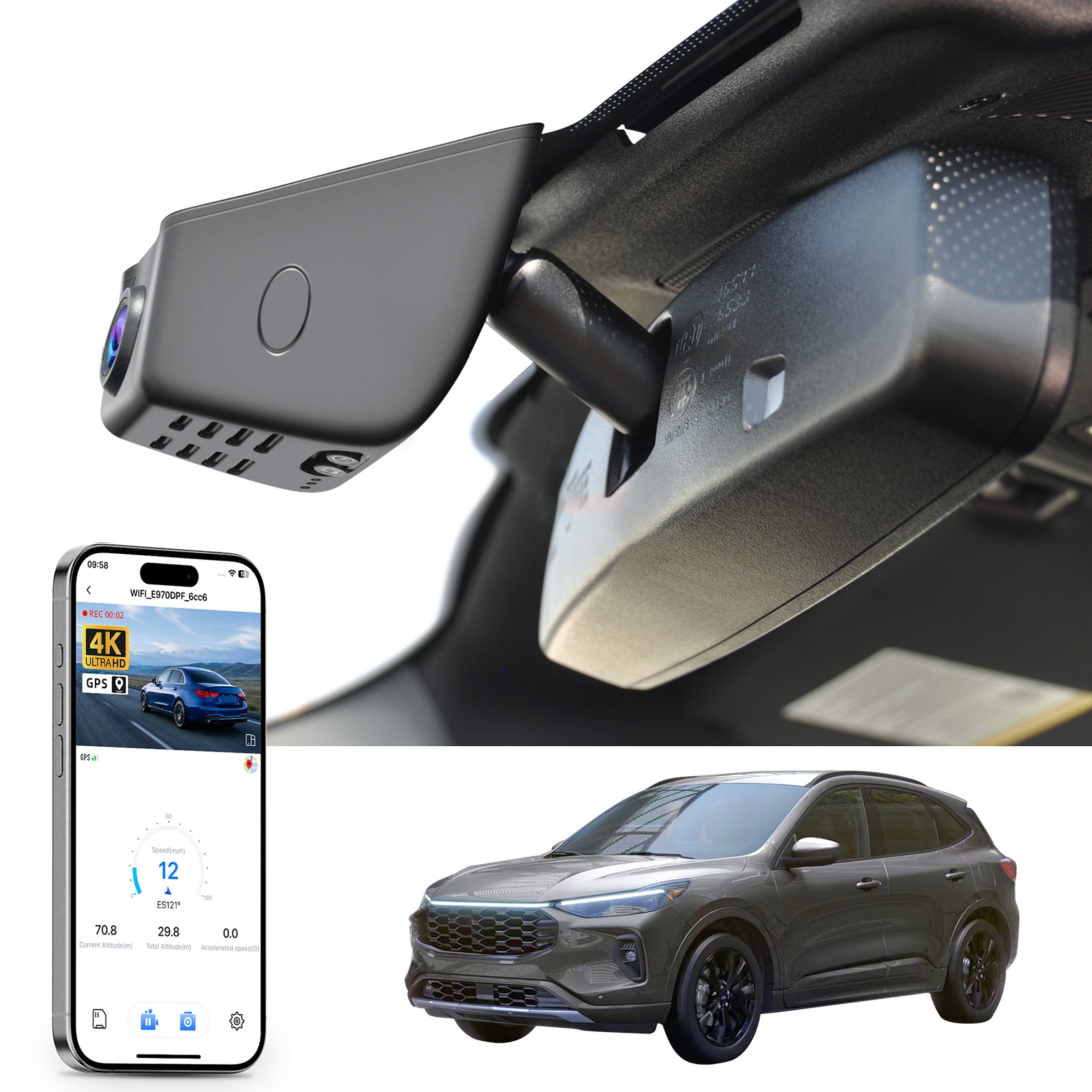 Car rearview mirror dash cam with smartphone app control, 4K Ultra HD recording, GPS tracking, and Ford Escape SUV models in the background.