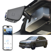 Car rearview mirror dash cam with smartphone app control, 4K Ultra HD recording, GPS tracking, and Ford Escape SUV models in the background.