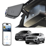 Car rearview mirror dash cam with smartphone app control, 4K Ultra HD recording, GPS tracking, and Ford Expedition SUV models in the background.