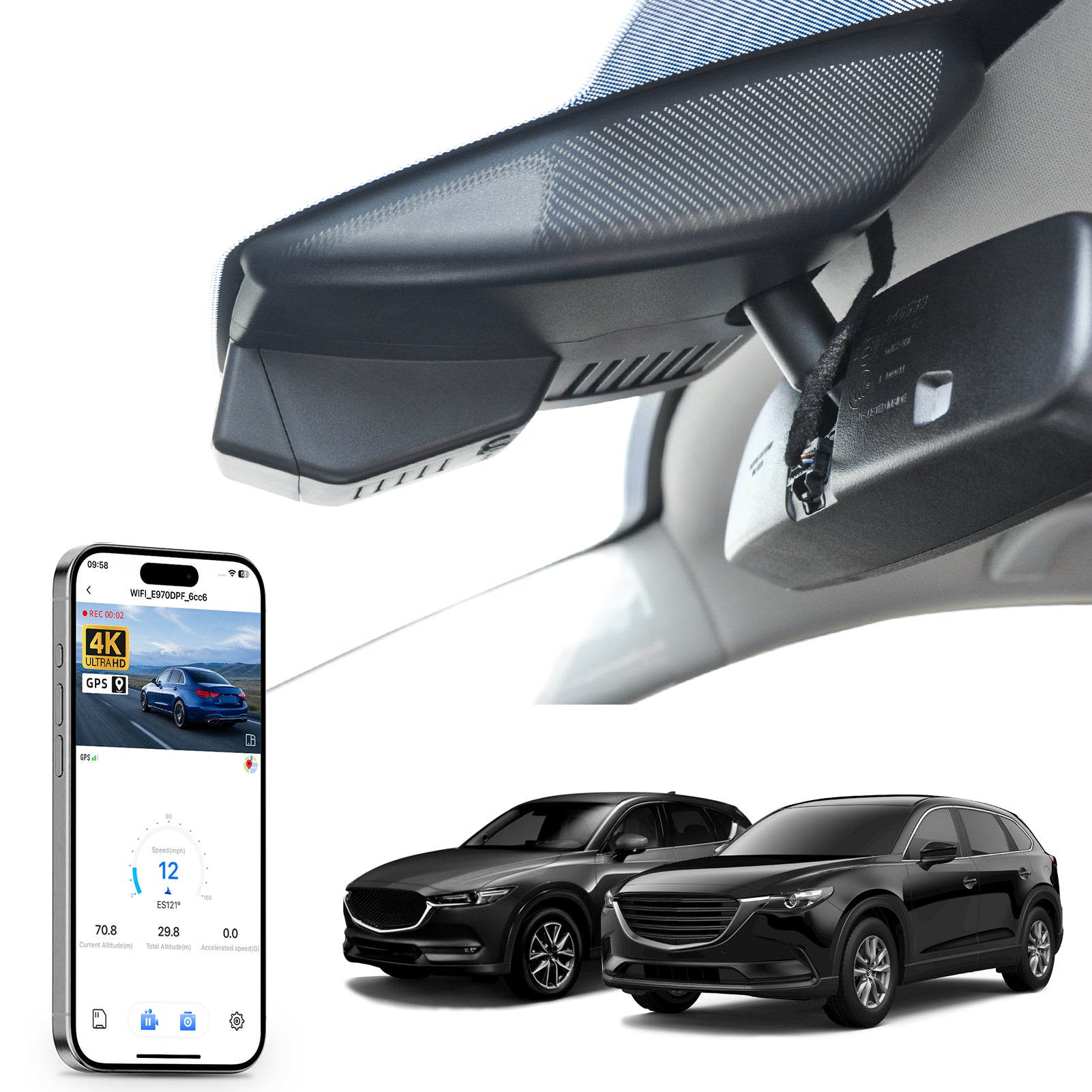 Car rearview mirror built-in dash cam with smartphone app control, 4K Ultra HD recording, GPS tracking, and Mazda CX-5 & CX-9 SUV models in the background.