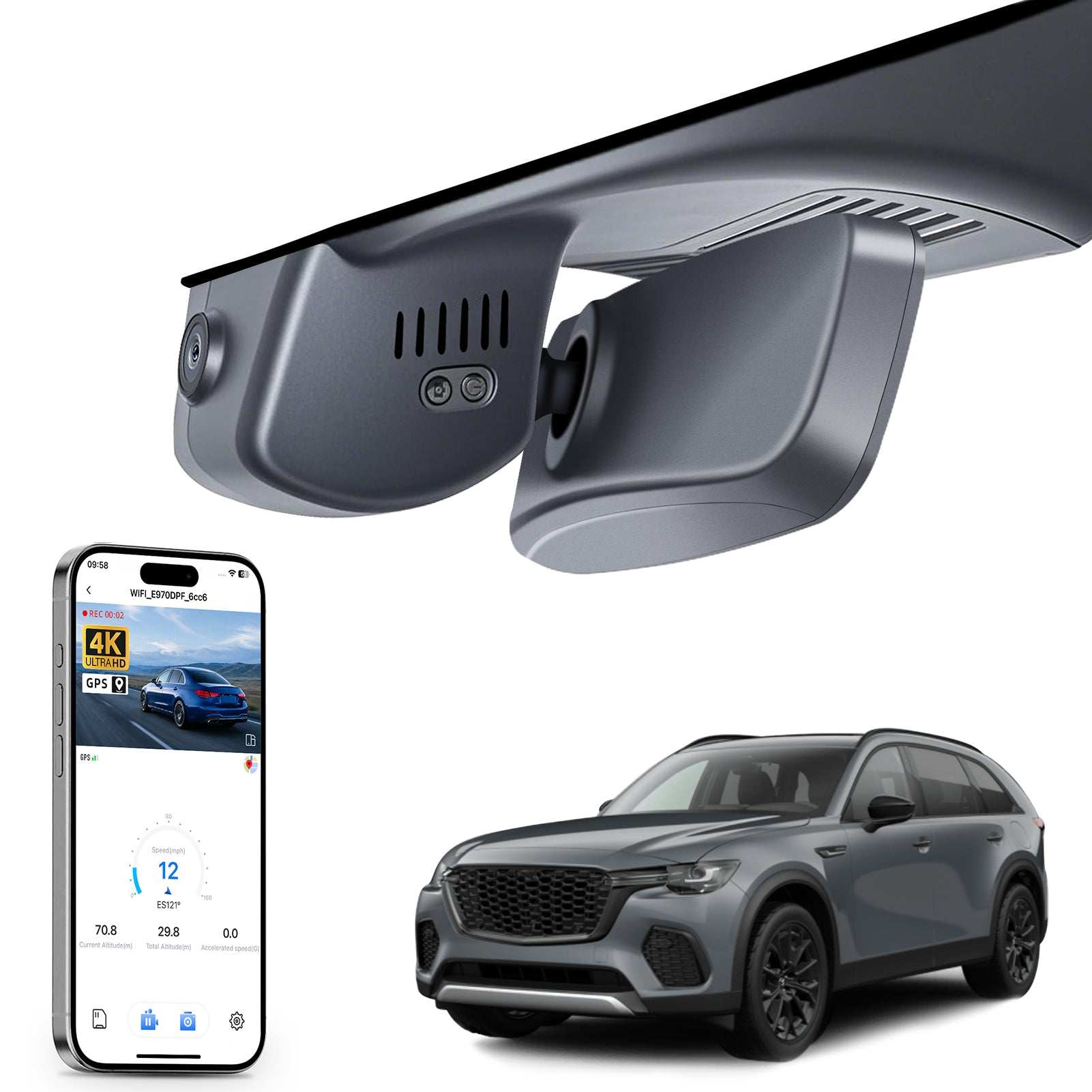 Car rearview mirror built-in dash cam with smartphone app control, 4K Ultra HD recording, GPS tracking, and Mazda CX-70 SUV models in the background.