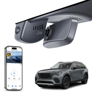 Car rearview mirror built-in dash cam with smartphone app control, 4K Ultra HD recording, GPS tracking, and Mazda CX-70 SUV models in the background.