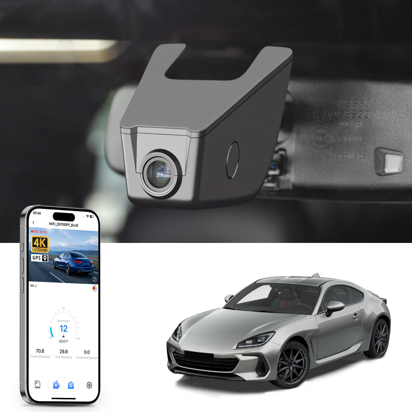 Car rearview mirror built-in dash cam with smartphone app control, 4K Ultra HD recording, GPS tracking, and Subaru BRZ Sports Car models in the background.