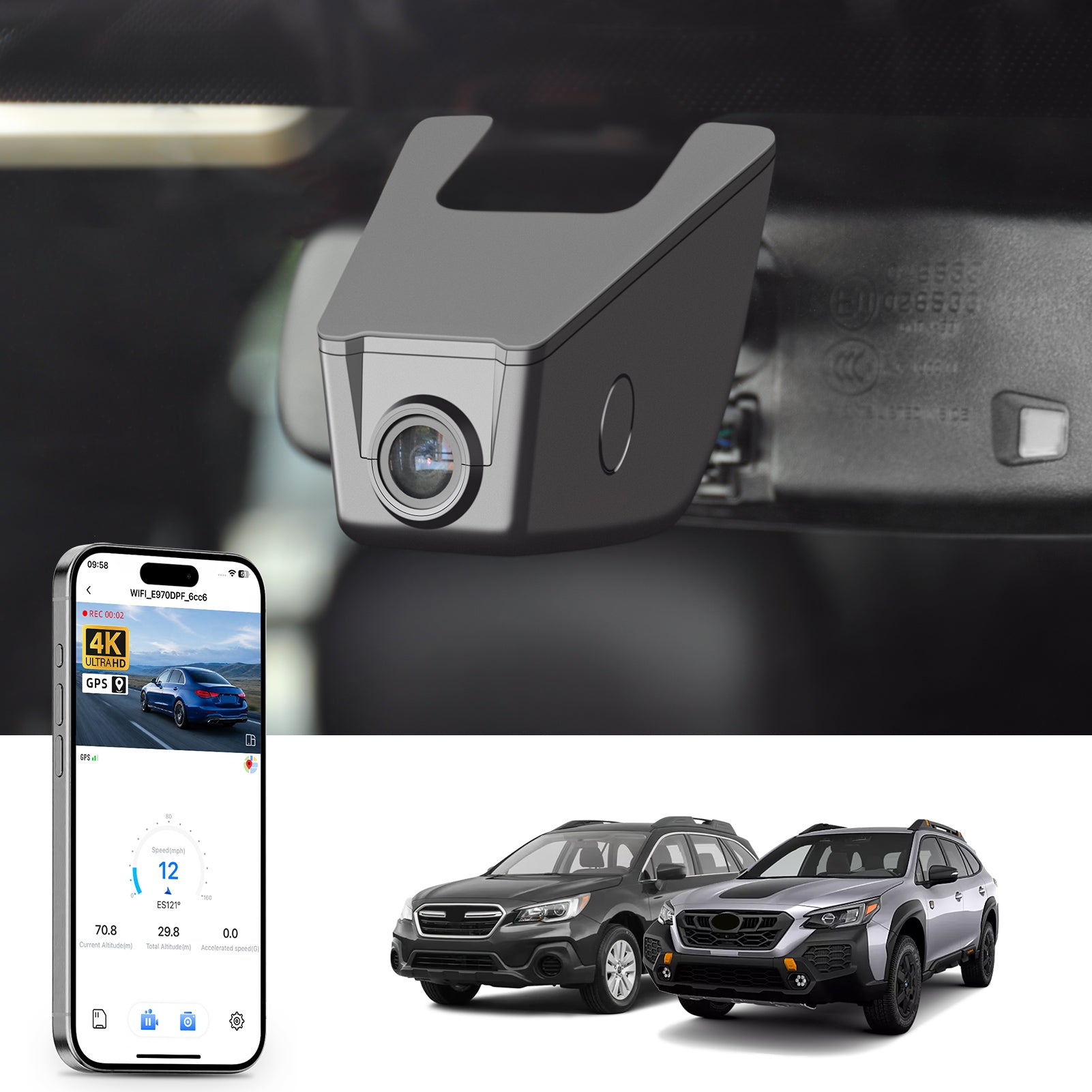 Car rearview mirror built-in dash cam with smartphone app control, 4K Ultra HD recording, GPS tracking, and Subaru Outback  SUV models in the background.