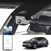 Car rearview mirror built-in dash cam with smartphone app control, 4K Ultra HD recording, GPS tracking, and Subaru Solterra SUV models in the background.
