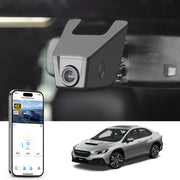 Car rearview mirror built-in dash cam with smartphone app control, 4K Ultra HD recording, GPS tracking, and Subaru WRX sedan models in the background.