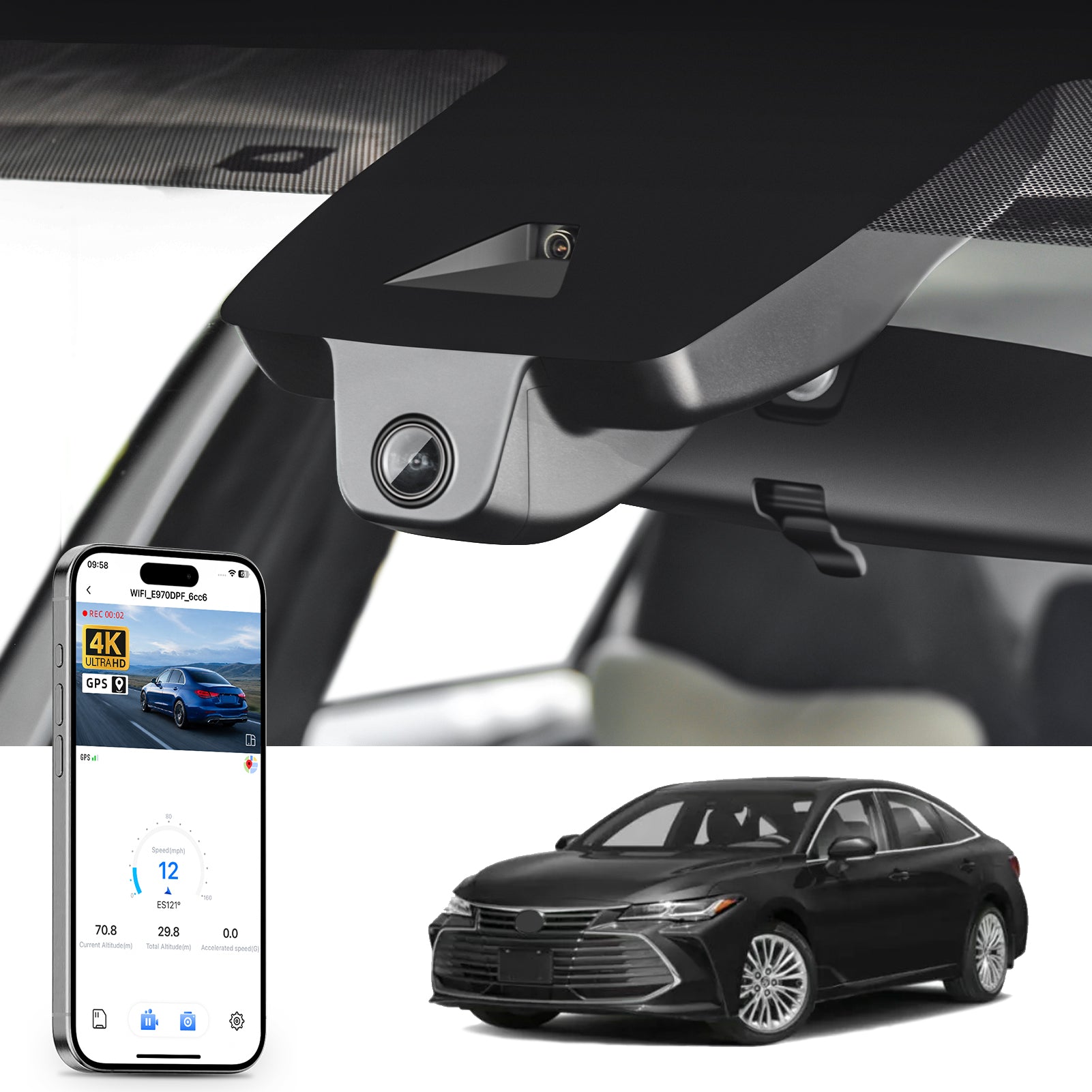 Car rearview mirror built-in dash cam with smartphone app control, 4K Ultra HD recording, GPS tracking, and Toyota Avalon Sedans models in the background.