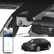 Car rearview mirror built-in dash cam with smartphone app control, 4K Ultra HD recording, GPS tracking, and Toyota Avalon Sedans models in the background.