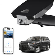 Car rearview mirror built-in dash cam with smartphone app control, 4K Ultra HD recording, GPS tracking, and Toyota Grand Highlander SUV models in the background.