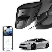 Car rearview mirror built-in dash cam with smartphone app control, 4K Ultra HD recording, GPS tracking, and Toyota Prius Sedan models in the background.