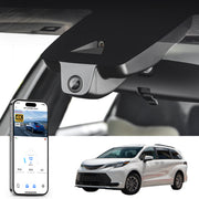 Car rearview mirror built-in dash cam with smartphone app control, 4K Ultra HD recording, GPS tracking, and Toyota Sienna MPV models in the background.