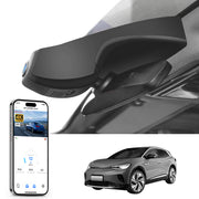 Car rearview mirror built-in dash cam with smartphone app control, 4K Ultra HD recording, GPS tracking, and Volkswagen ID.4 SUV models in the background.