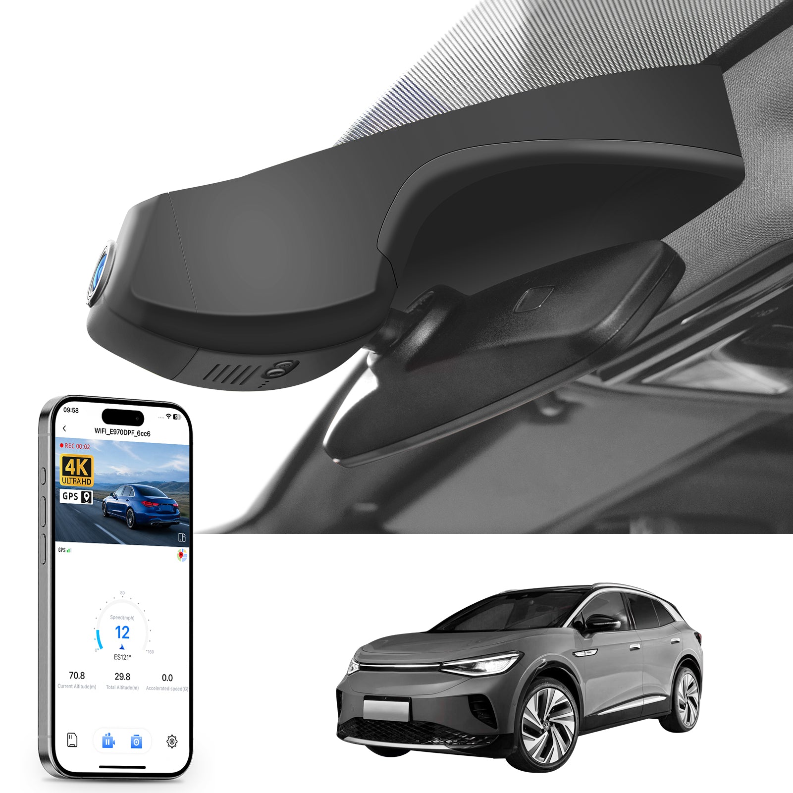 Car rearview mirror built-in dash cam with smartphone app control, 4K Ultra HD recording, GPS tracking, and Volkswagen ID.4 SUV models in the background.
