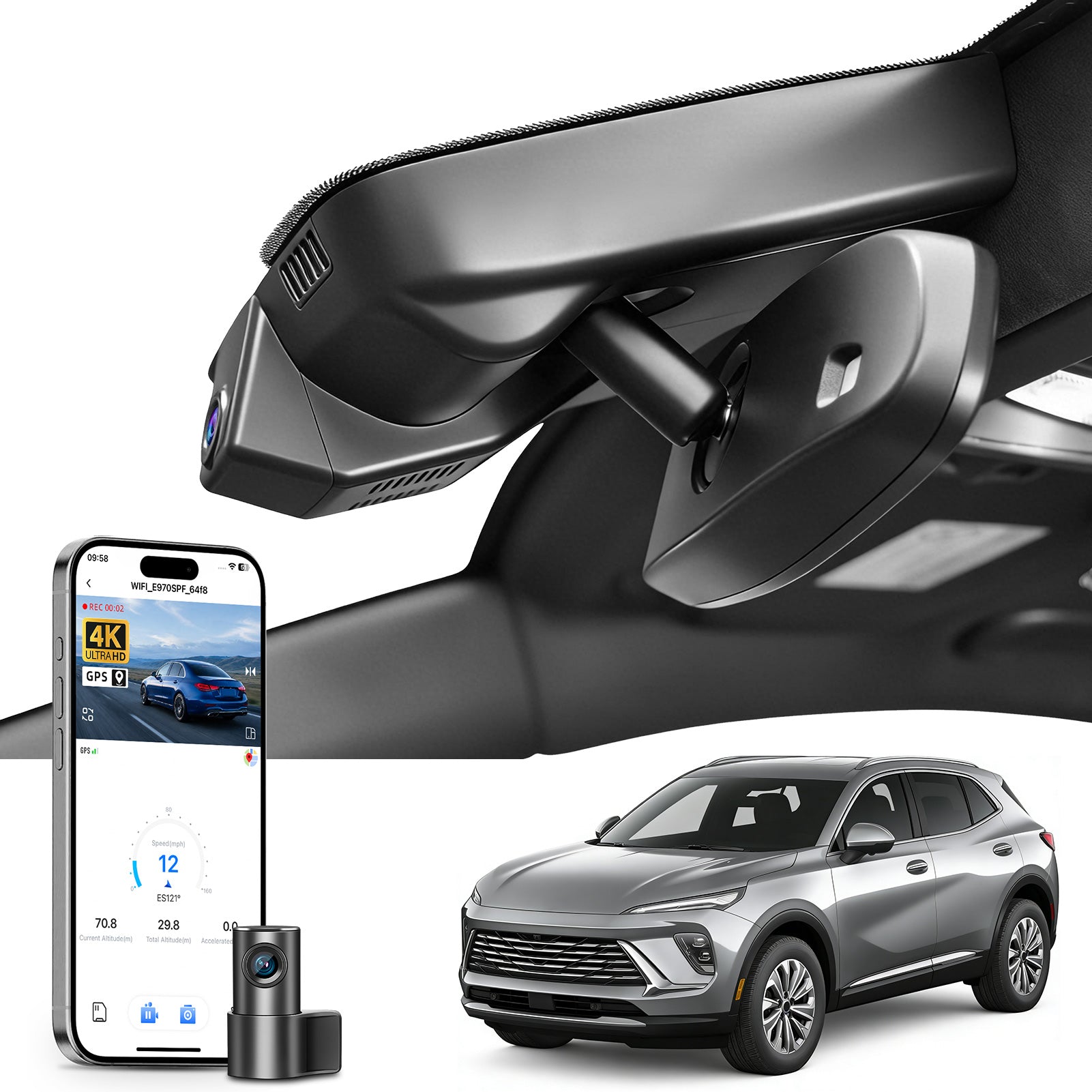 Car rearview mirror built-in dash cam with smartphone app control, 4K Ultra HD recording, GPS tracking, and Buick Envista SUV models in the background.