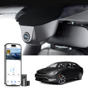 Car rearview mirror built-in dash cam with smartphone app control, 4K Ultra HD recording, GPS tracking, and Chrysler 200 car models in the background.