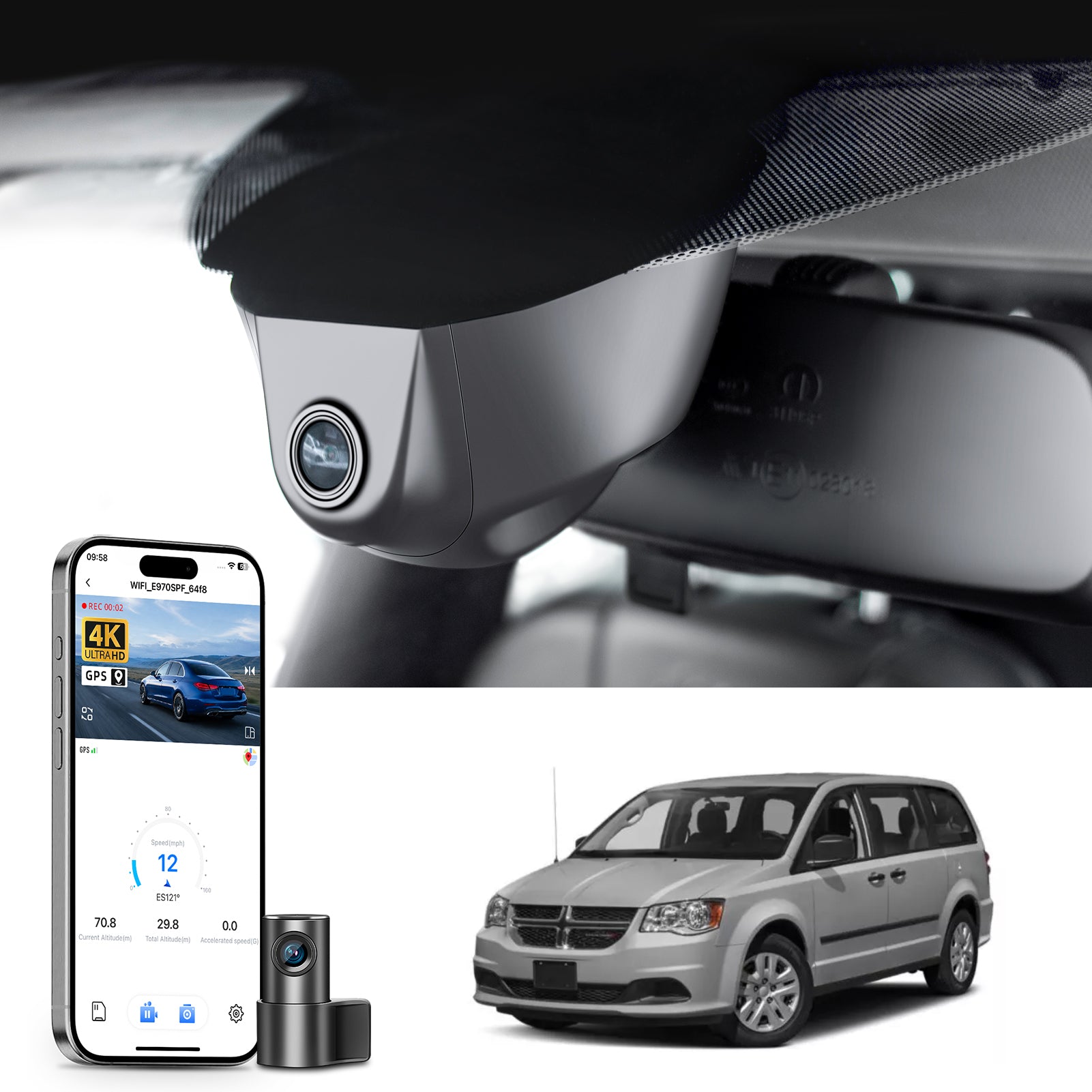 Car rearview camera system with smartphone app interface and vehicle exterior view, 4K Ultra HD recording, GPS tracking, and Dodge Caravan van models in the background.