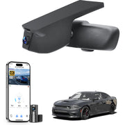 Car built-in dash cam with smartphone app control, 4K Ultra HD recording, GPS tracking, and Dodge Charger SUV models in the background.