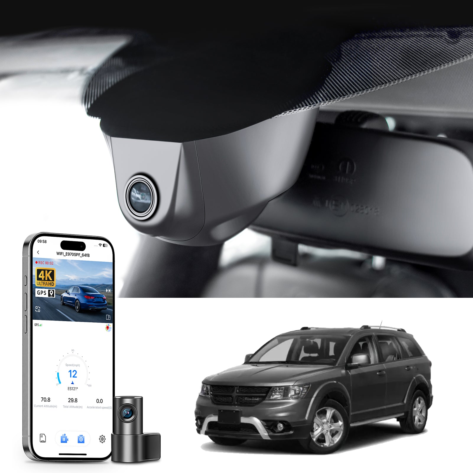 Car built-in dash cam with smartphone app control, 4K Ultra HD recording, GPS tracking, and Dodge Journey SUV models in the background.