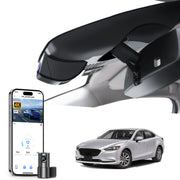 2 channel dash cam with dual STARVIS 2, displaying smartphone app control, 4K Ultra HD recording, GPS tracking, and Mazda 6 Sedans models in the background. 
