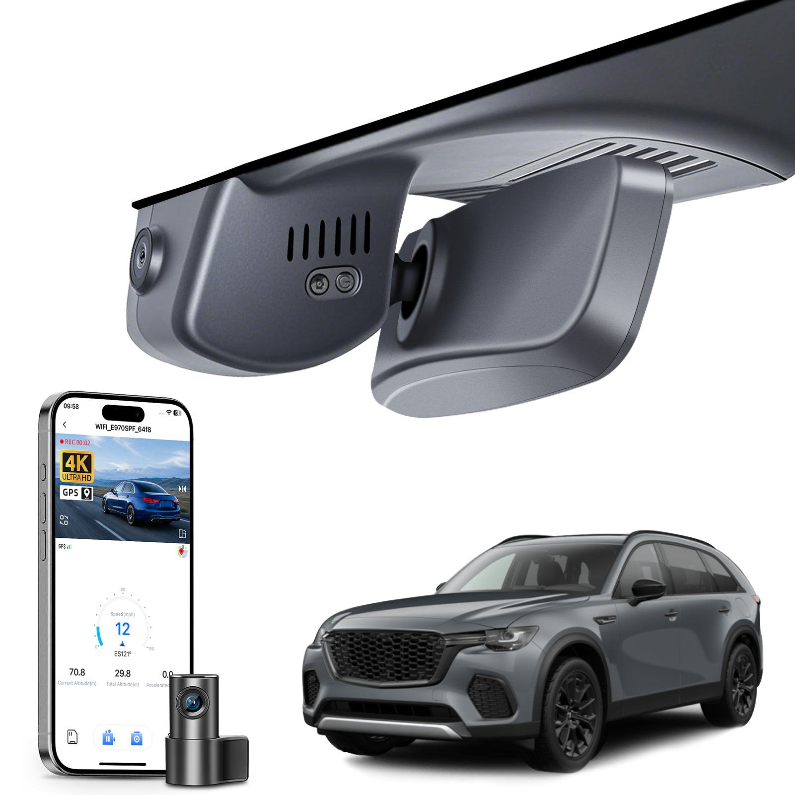 2 channel dash cam with dual STARVIS 2, features smartphone app control, 4K Ultra HD recording, GPS tracking, and Mazda CX-70 SUV models in the background. 