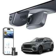 2 channel dash cam with dual STARVIS 2, features smartphone app control, 4K Ultra HD recording, GPS tracking, and Mazda CX-70 SUV models in the background. 