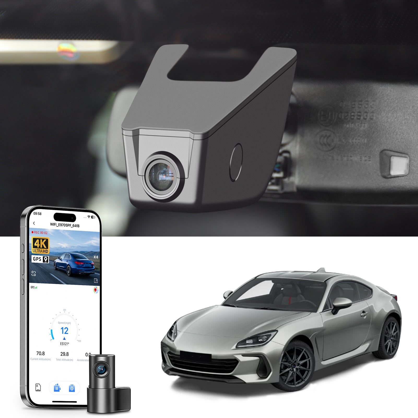 2 channel dash cam with dual STARVIS 2, features smartphone app control, 4K Ultra HD recording, GPS tracking, and Subaru BRZ Sports Car models in the background.  