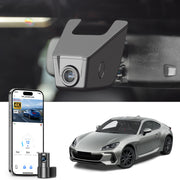 2 channel dash cam with dual STARVIS 2, features smartphone app control, 4K Ultra HD recording, GPS tracking, and Subaru BRZ Sports Car models in the background.  