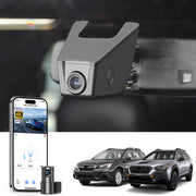 2 channel dash cam with dual STARVIS 2, features smartphone app control, 4K Ultra HD recording, GPS tracking, and Subaru Outback SUV models in the background.  