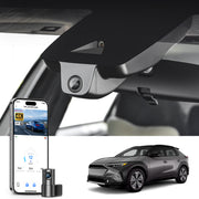 2 channel dash cam with dual STARVIS 2, features smartphone app control, 4K Ultra HD recording, GPS tracking, and Subaru Solterra SUV models in the background.  