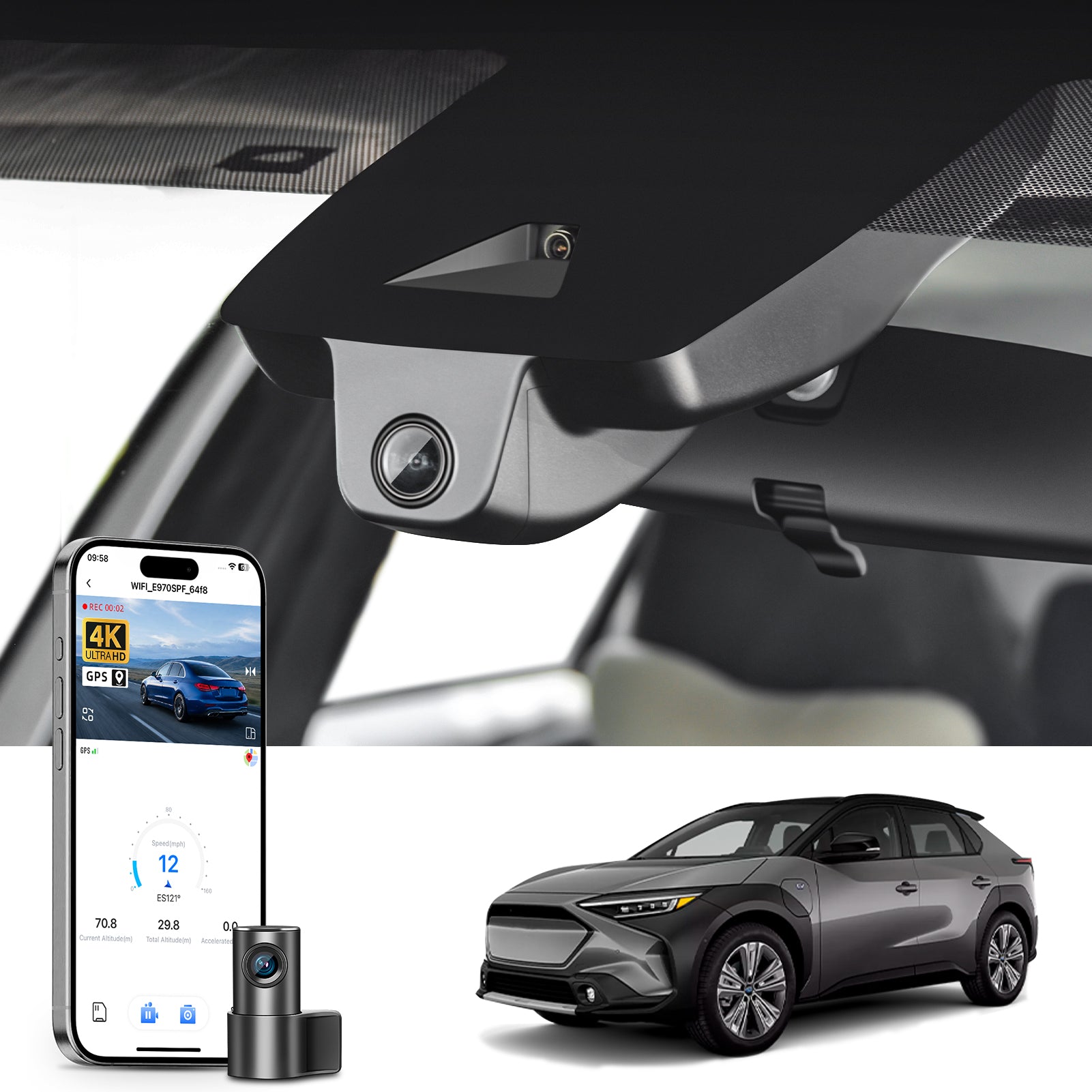 2 channel dash cam with dual STARVIS 2, features smartphone app control, 4K Ultra HD recording, GPS tracking, and Subaru Solterra SUV models in the background.  