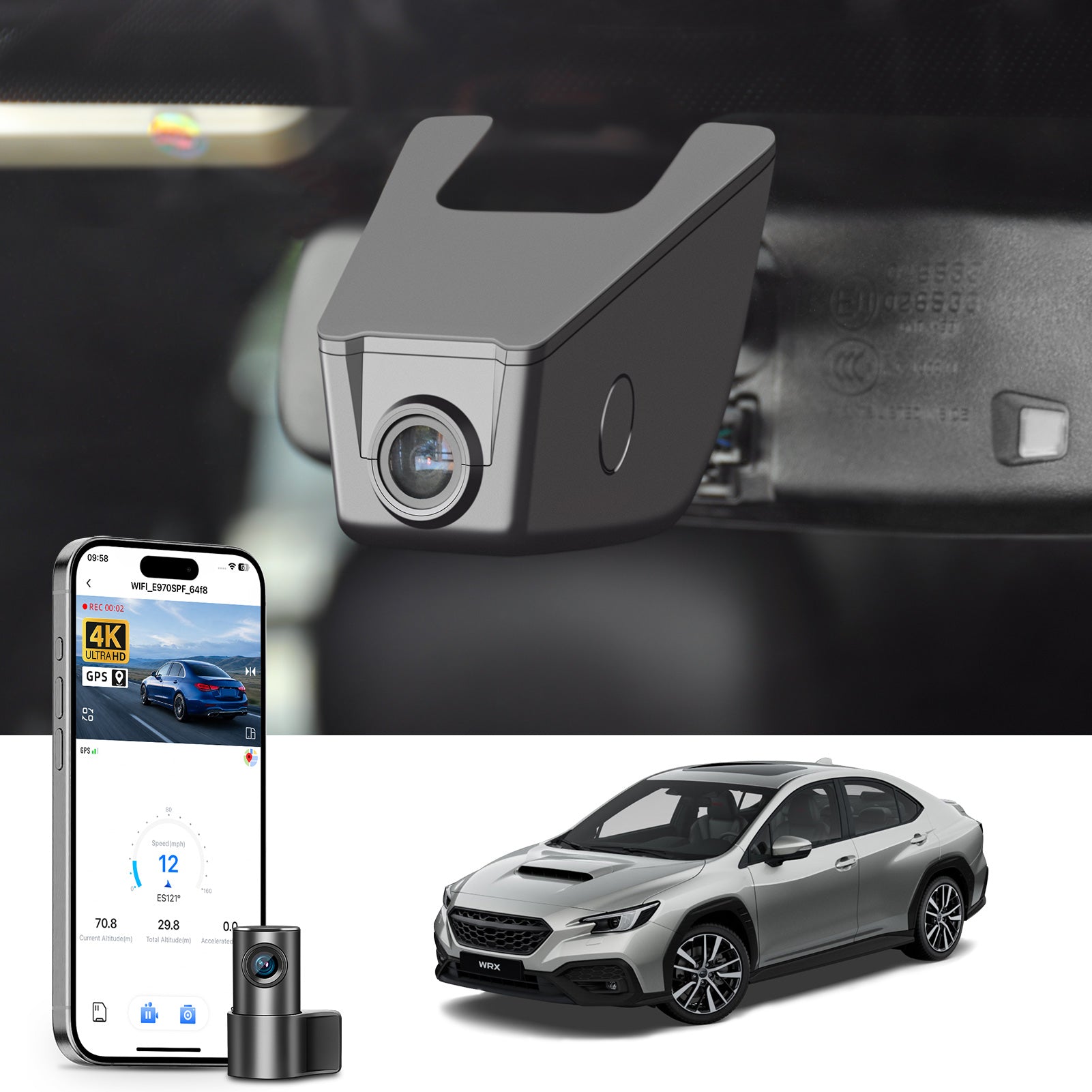 2 channel dash cam with dual STARVIS 2, features smartphone app control, 4K Ultra HD recording, GPS tracking, and Subaru WRX Sedan models in the background.  