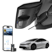 2 channel dash cam with dual STARVIS 2, features smartphone app control, 4K Ultra HD recording, GPS tracking, and Toyota Prius Sedan models in the background.  