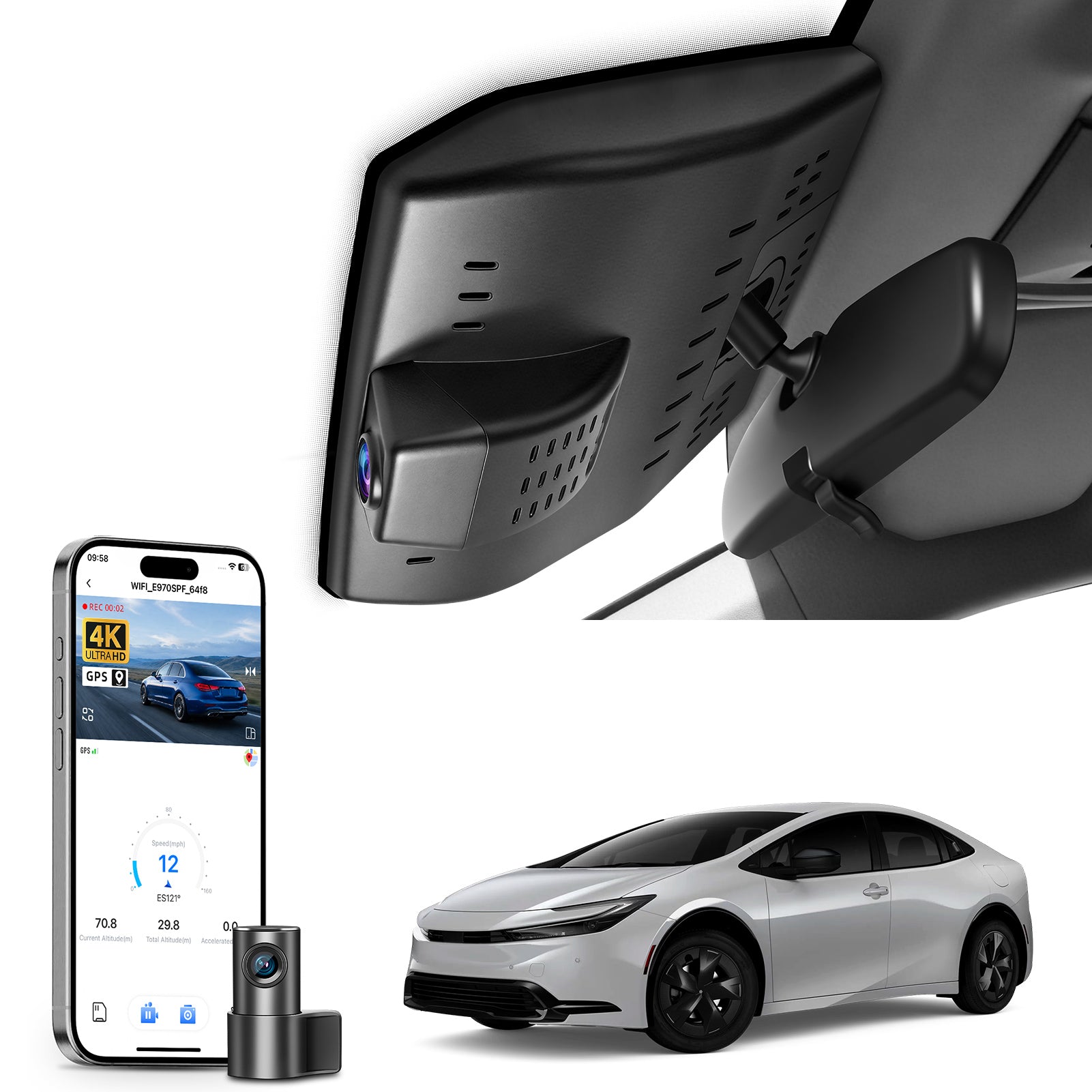 2 channel dash cam with dual STARVIS 2, features smartphone app control, 4K Ultra HD recording, GPS tracking, and Toyota Prius Sedan models in the background.  