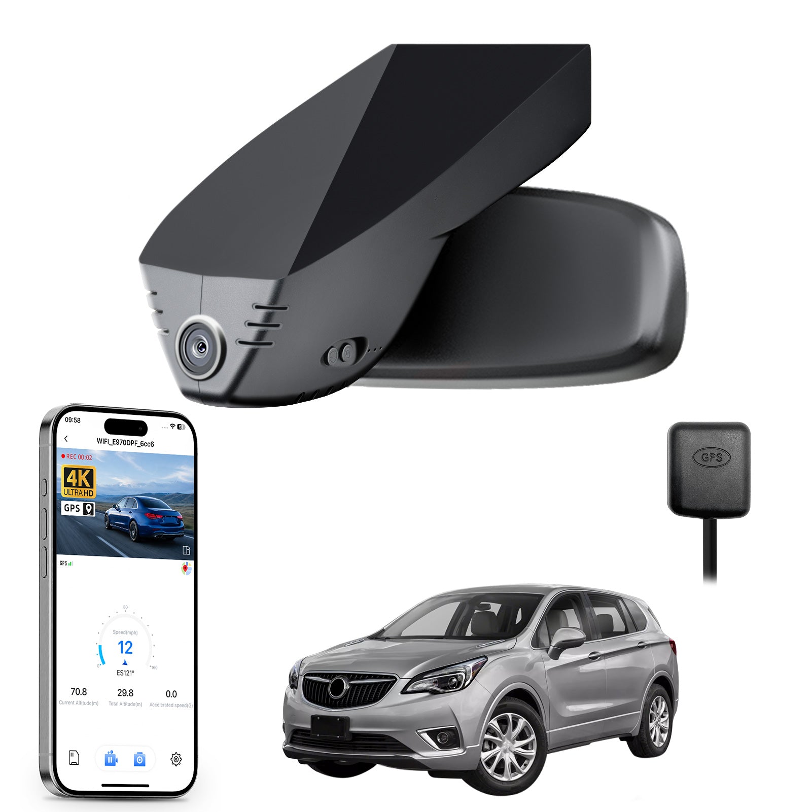 Car rearview mirror with built-in dash cam, features smartphone app control, 4K Ultra HD recording, GPS tracking, and Buick Envision car models.