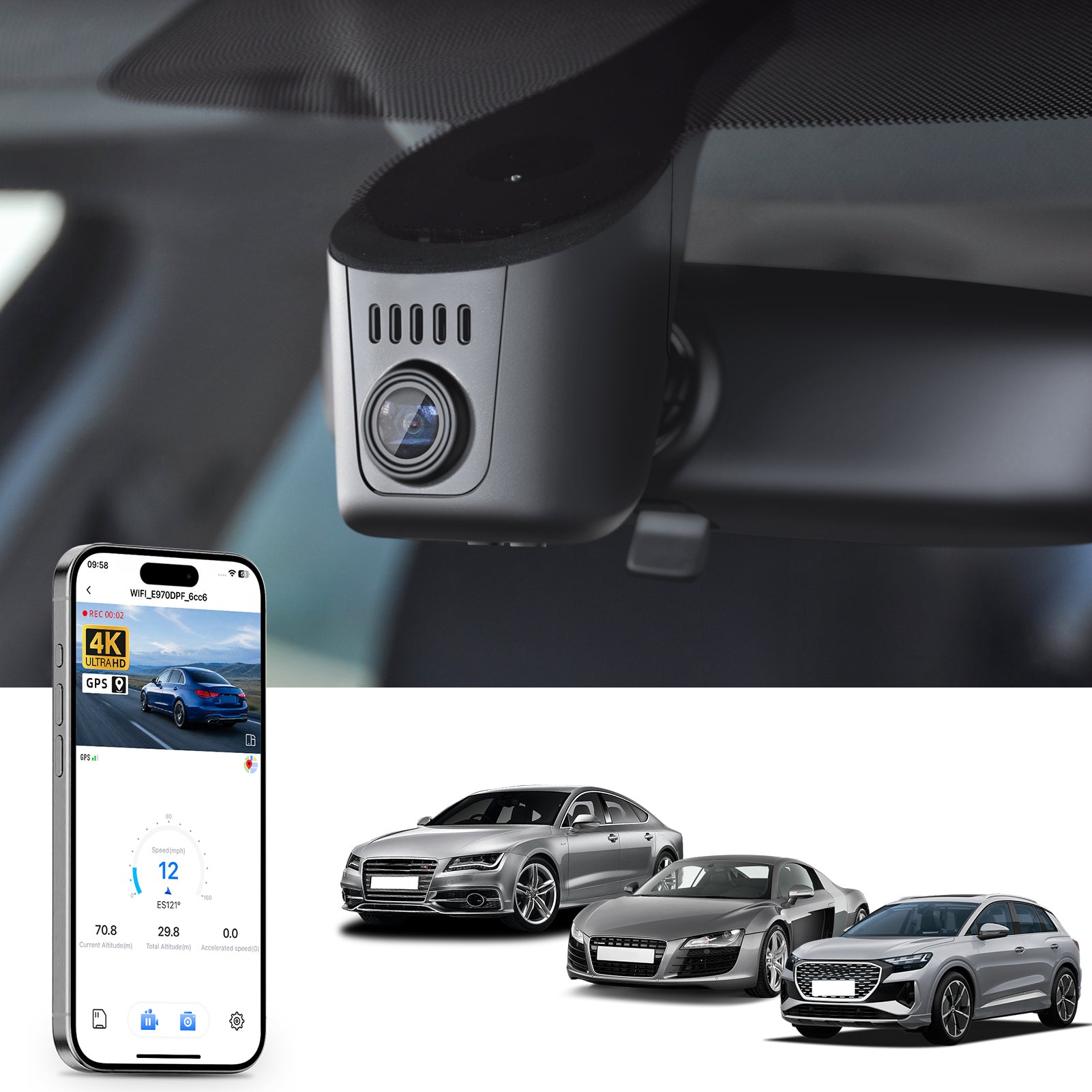 Car dashboard camera mounted inside a vehicle, with smartphone displaying app interface featuring 4K Ultra HD recording, GPS tracking, and three cars in the background.