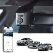 Car dashboard camera mounted inside a vehicle, with smartphone displaying app interface featuring 4K Ultra HD recording, GPS tracking, and three cars in the background.