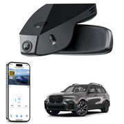 Car rearview mirror built-in dash cam with smartphone app control, 4K Ultra HD recording, GPS tracking, and BMW X7 SUV models in the background.