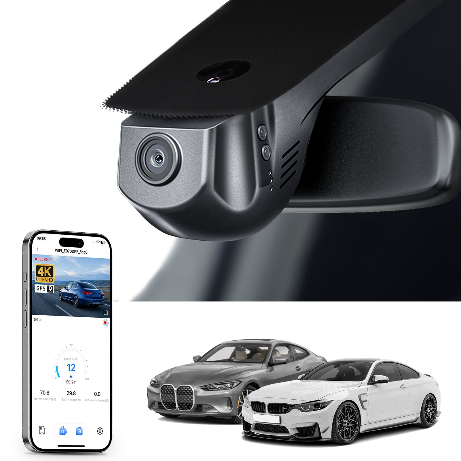 Car rearview mirror built-in dash cam with smartphone app control, 4K Ultra HD recording, GPS tracking, and BMW 4 Series Gen1 models in the background.