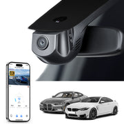 Car rearview mirror built-in dash cam with smartphone app control, 4K Ultra HD recording, GPS tracking, and BMW 4 Series Gen1 models in the background.