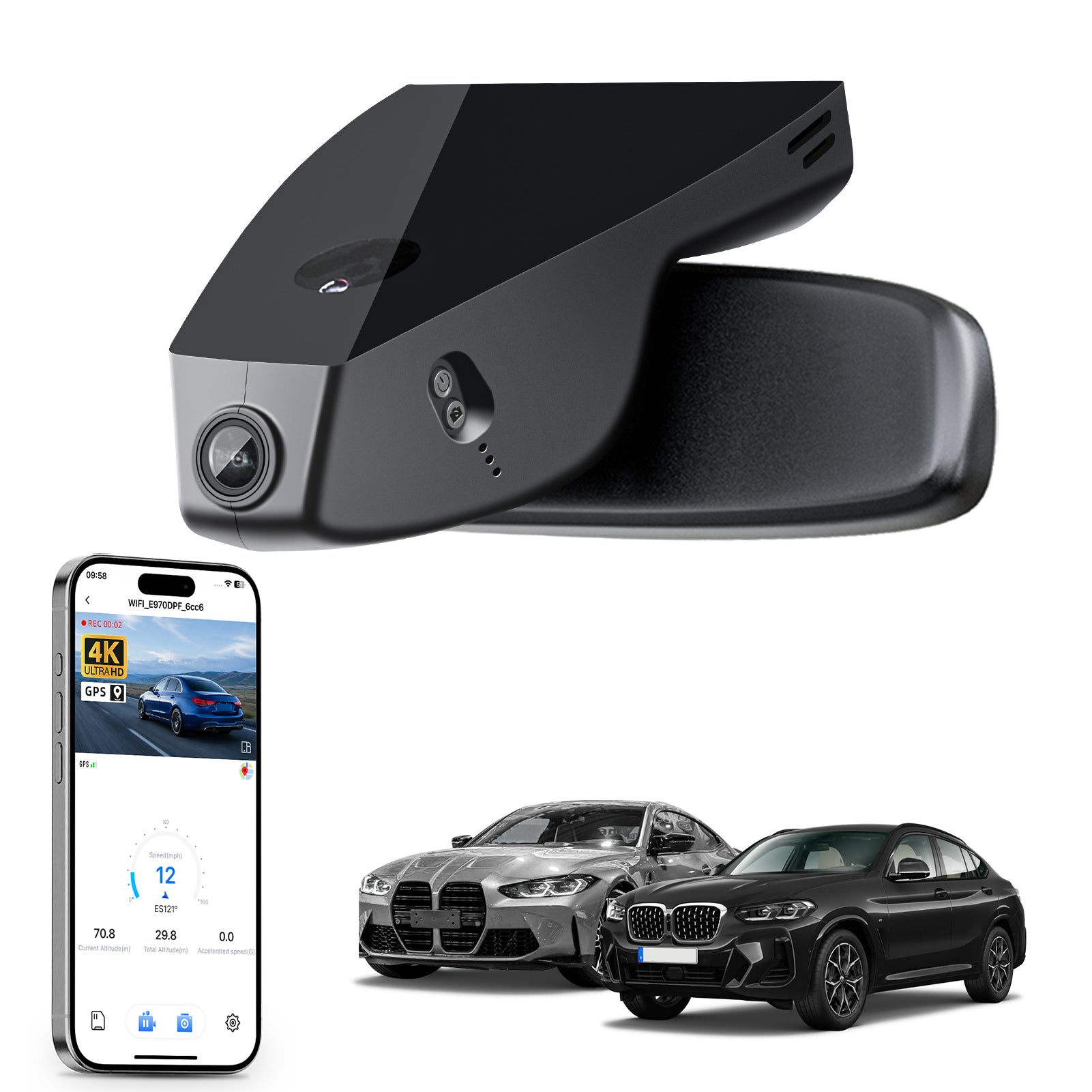 Car rearview mirror built-in dash cam with smartphone app control, 4K Ultra HD recording, GPS tracking, and BMW 4 Series Gen2 models in the background.