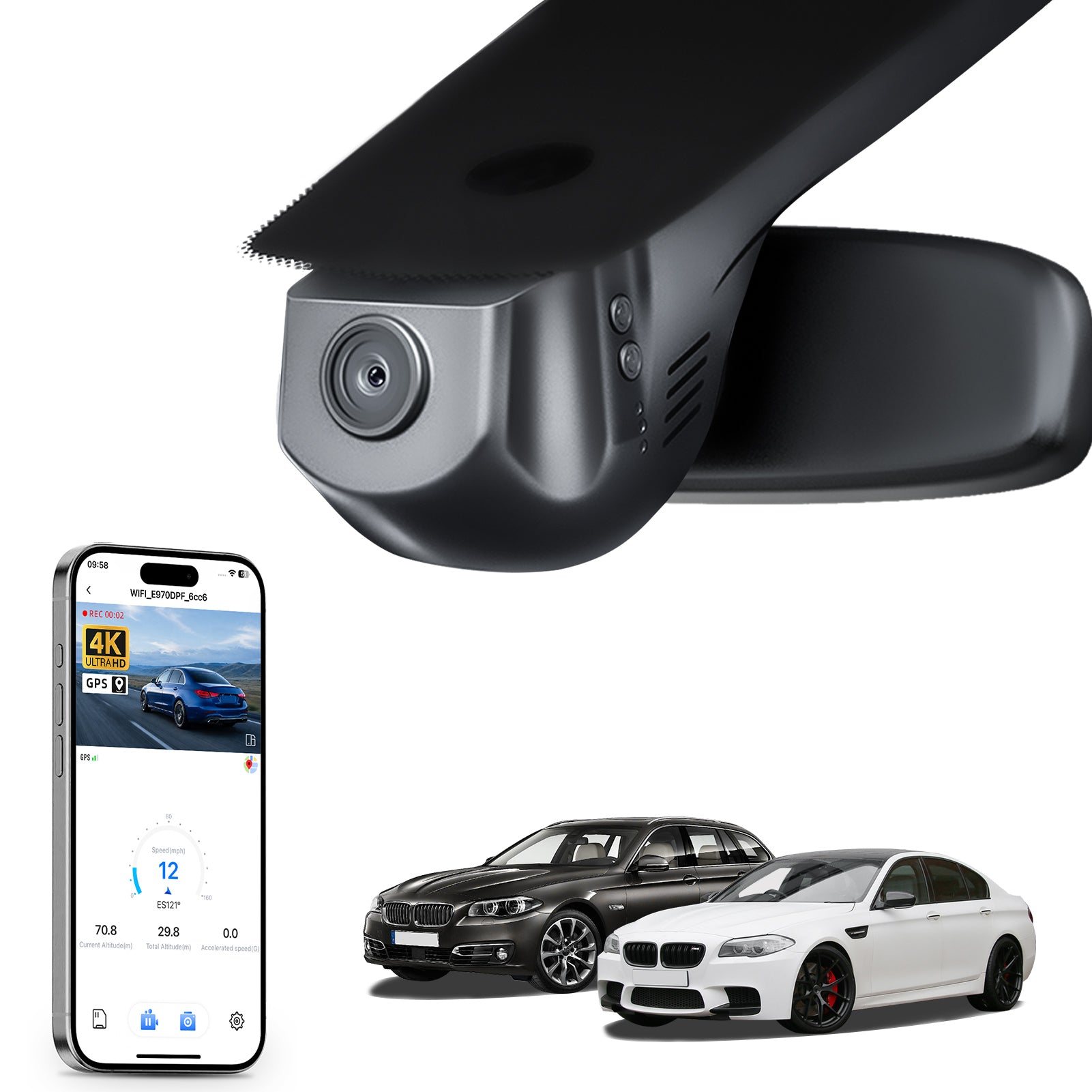 Car rearview mirror built-in dash cam with smartphone app control, 4K Ultra HD recording, GPS tracking, and BMW 5 Series Gen6 models in the background.